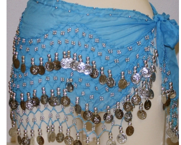 Belly Dancer Hip Scarf – Turquoise with Silver Coins – Dancing Muse